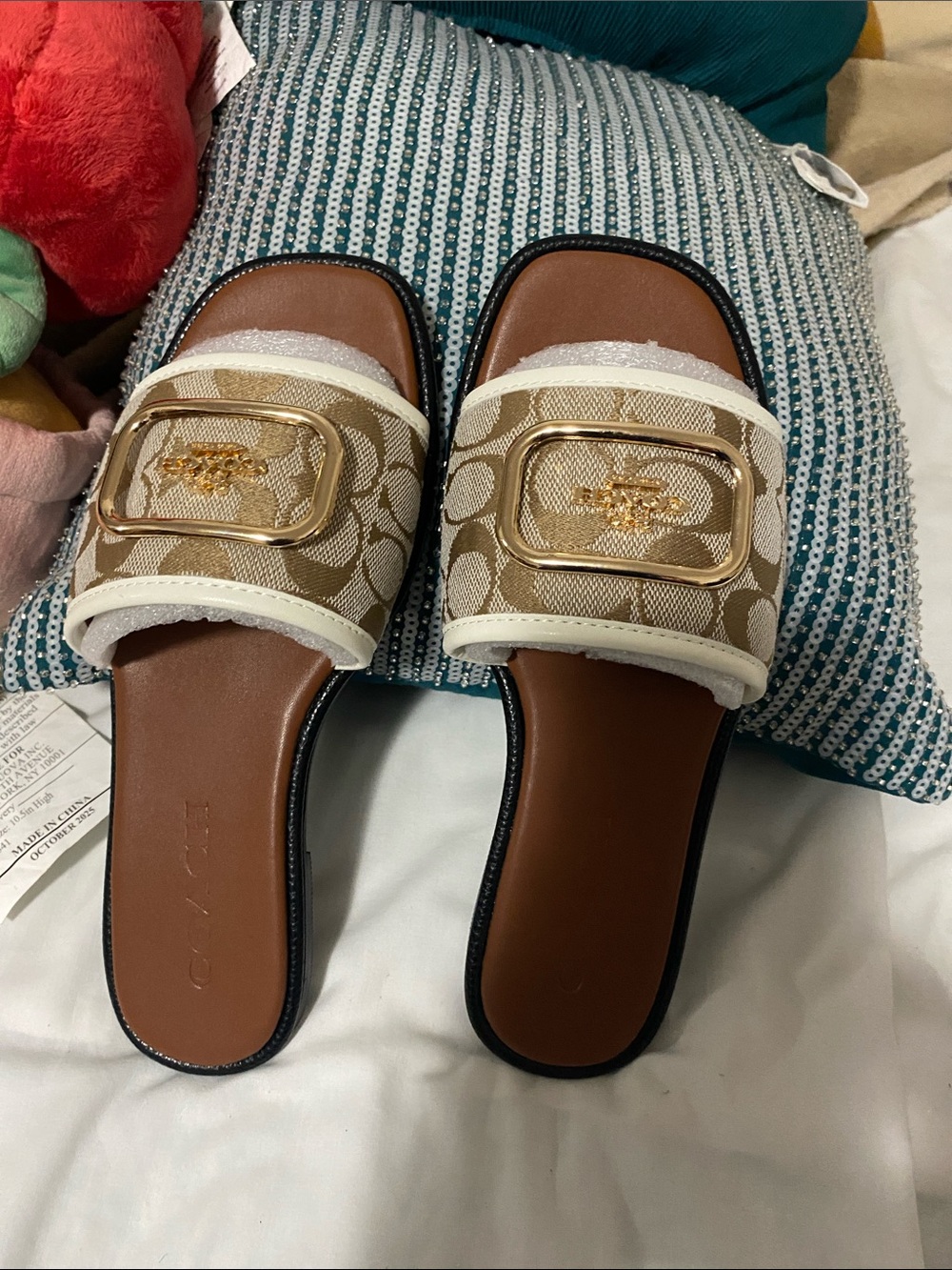 Coach Tan Signature Slide Sandals with Gold Buckle